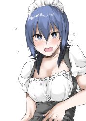 Rule 34 | 1girl, arm at side, black dress, black eyes, blue hair, blush, breasts, cleavage, collarbone, dress, elf (stroll in the woods), frilled shirt, frills, hair between eyes, hand on own chest, highres, large breasts, long bangs, long hair, looking at viewer, maid, maid headdress, nose blush, open mouth, pinafore dress, raised eyebrows, shirt, short sleeves, sidelocks, simple background, sleeveless, sleeveless dress, solo, suzugamori chika, sweatdrop, textless version, upper body, white background, white shirt, zatsu tabi