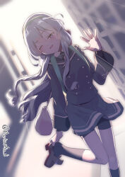 Rule 34 | 1girl, bag, bike shorts, braid, green hairband, grey eyes, grey jacket, hair ornament, hairband, highres, holding, holding shoes, indoors, jacket, kantai collection, kneehighs, long hair, long sleeves, looking at viewer, metadio, one eye closed, open mouth, pleated skirt, ponytail, removing shoes, sailor collar, shoes, sidelocks, single braid, skirt, socks, solo, standing, standing on one leg, sunlight, wavy hair, winter uniform, yamagumo (kancolle)