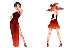 Rule 34 | 2girls, arm behind head, atlus, bare legs, bare shoulders, blue hair, breasts, dress, glasses, hand on own hip, hei jin, high heels, hip focus, kujikawa rise, looking back, multiple girls, orange hair, oto tin, persona, persona 4, red dress, red hair, red skirt, see-through silhouette, shirogane naoto, shoes, short hair, skirt, twintails