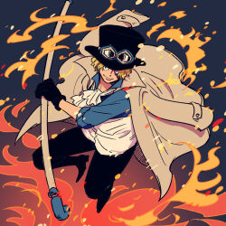 Rule 34 | 1boy, ascot, black gloves, black hat, black pants, blonde hair, blue shorts, coat, coat on shoulders, commentary request, embers, fire, full body, gloves, goggles, goggles on headwear, hat, hatch (8cco), looking to the side, male focus, one piece, pants, sabo (one piece), shorts, smile, solo, top hat, white ascot