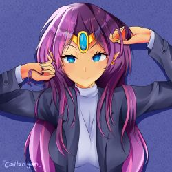 Rule 34 | 1girl, absurdres, artist name, blue background, blue eyes, blue jacket, breasts, casual, cattonyan, dark skin, dark-skinned female, earrings, hair down, highres, jacket, jewelry, long hair, looking at viewer, open clothes, open jacket, playing with own hair, pointy ears, purple hair, shantae, shantae (series), simple background, smile, solo, sweater, tiara, turtleneck, turtleneck sweater, very long hair, white sweater