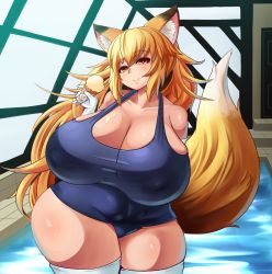 Rule 34 | 1girl, animal ears, blonde hair, breasts, cleavage, covered erect nipples, female focus, food, fox ears, fox tail, gigantic breasts, gloves, highres, ice cream, long hair, one-piece swimsuit, plump, pool, rei no pool, sexually suggestive, smile, solo, standing, swimsuit, tail, thighhighs, umigarasu (magipro), water, white gloves, white thighhighs, wide hips, yellow eyes