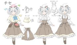 Rule 34 | 1girl, :d, :o, animal, animal ear fluff, animal ears, bird, blue eyes, blush, boots, breasts, brown capelet, brown footwear, brown skirt, capelet, cat, closed mouth, collared shirt, commentary request, copyright request, grey hair, grey pantyhose, high-waist skirt, juliet sleeves, long sleeves, multiple views, open mouth, pantyhose, parted lips, puffy sleeves, shirt, skirt, small breasts, smile, tail, translation request, twintails, wataame27, white background, white shirt