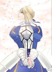 Rule 34 | 1girl, ahoge, armor, armored dress, artoria pendragon (fate), bad id, bad pixiv id, blonde hair, dress, fate/stay night, fate (series), gauntlets, green eyes, hair ribbon, petals, puffy sleeves, ribbon, saber (fate), solo, yaoshuyi