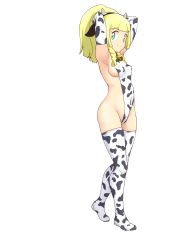 Rule 34 | 1girl, animal ears, animal print, aqua eyes, armpits, arms behind head, arms up, bell, blonde hair, blunt bangs, braid, breasts, closed mouth, clothing cutout, commentary request, covered erect nipples, covered navel, cow ears, cow horns, cow print, creatures (company), elbow gloves, fake animal ears, fake horns, game freak, gloves, groin, halterneck, highres, horns, lillie (pokemon), looking at viewer, medium breasts, medium hair, neck bell, nintendo, pokemon, pokemon sm, ponytail, print gloves, print leotard, print thighhighs, side cutout, sideboob, simple background, smile, solo, standing, thighhighs, tof, white background, white gloves, white thighhighs