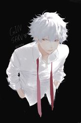 Rule 34 | 1boy, black background, chamuring, character name, gintama, grey eyes, hair between eyes, hands in pockets, hatching (texture), heart, highres, male focus, necktie, parted lips, red necktie, sakata gintoki, signature, simple background, smile, solo, twitter username, white hair