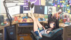 Rule 34 | 1girl, animal crossing, animal ears, black hair, blue eyes, breasts, cable, cat ears, computer, crossed legs, desk, discord, electrical outlet, floor, google, headphones, highres, indoors, keyboard (computer), ku-ini, legs up, long hair, looking at viewer, microphone, monitor, mouse (computer), multiple monitors, nintendo, nintendo switch, original, paw print, playing games, shirt, short shorts, shorts, sitting, small breasts, soda, solo, speaker, sticky note, swept bangs, t-shirt, tattoo, tissue box, trash can, twitch.tv, used tissue, very long hair, wooden floor