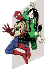 Rule 34 | 10s, 1boy, 1girl, against wall, aiue0, asui tsuyu, bag, black eyes, black hair, blush, bodysuit, boku no hero academia, breasts, commentary request, covered navel, frog girl, full body, gloves, highres, long hair, looking at viewer, marvel, simple background, spider-man, spider-man (series), tongue, tongue out, twitter username, waving, white background