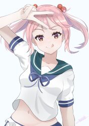 Rule 34 | 1girl, apron, blue sailor collar, gucchi (gucchi zuizui), hair bobbles, hair ornament, highres, kantai collection, pink eyes, pink hair, sailor collar, sazanami (kancolle), school uniform, serafuku, shirt, short hair, simple background, solo, tongue, tongue out, twintails, upper body, v, waist apron, white apron, white background, white shirt