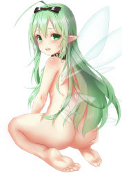 Rule 34 | 1girl, absurdres, ahoge, ass, barefoot, choker, fairy wings, feet, green eyes, green hair, hair ribbon, highres, long hair, nude, pointy ears, ribbon, simple background, sitting, soles, solo, toes, wariza, white background, wings, zhaofeng yinyue