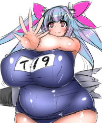 Rule 34 | 10s, 1girl, blue hair, blush, breasts, covered erect nipples, fat, female focus, gigantic breasts, happy, highres, i-19 (kancolle), kantai collection, long hair, long twintails, name tag, one-piece swimsuit, red eyes, school swimsuit, simple background, smile, solo, standing, swimsuit, symbol-shaped pupils, tensai427, torpedo, twintails, weapon, white background