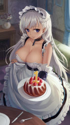 Rule 34 | 1girl, apron, azur lane, bare shoulders, belfast (azur lane), black dress, blurry, blurry background, braid, breasts, cake, cleavage, closed mouth, commentary request, curtains, depth of field, dress, flower, food, fork, frilled apron, frills, fruit, highres, holding, holding plate, indoors, knife, large breasts, long hair, looking at viewer, maid, maid headdress, plate, purple eyes, red flower, silver hair, sleeveless, sleeveless dress, smile, solo, standing, strawberry, table, vase, very long hair, waist apron, white apron, white flower, xiaoyin li