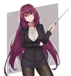 Rule 34 | 1girl, arm under breasts, bespectacled, breasts, buttons, collarbone, fate/grand order, fate (series), formal, fumato, glasses, highres, large breasts, long hair, long sleeves, open mouth, pantyhose, pointer, purple hair, red eyes, scathach (fate), skirt, solo, suit, teacher