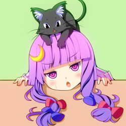Rule 34 | 1girl, animal, animal on head, bad id, bad pixiv id, blush, bow, cat, cat on head, crescent, crescent hair ornament, hair bow, hair ornament, long hair, oimo (imoyoukan), oimonocake, on head, open mouth, patchouli knowledge, purple eyes, purple hair, solo, touhou