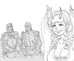 Rule 34 | 1girl, 2boys, armor, bad id, bb (baalbuddy), blush, braid, breasts, cape, cleavage, closed mouth, commentary, crying, crying with eyes open, demon girl, demon horns, demon wings, english commentary, full armor, gauntlets, greyscale, helmet, highres, horns, inactive account, large breasts, monochrome, multiple boys, original, pathfinder, pointy ears, sad, simple background, snot, sweat, sweatdrop, sword, tears, twin braids, weapon, white background, wide-eyed, wings
