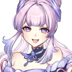 Rule 34 | 1girl, :d, bare shoulders, blue choker, choker, commentary request, dress, genshin impact, highres, il0ha genshin, long hair, looking at viewer, off-shoulder dress, off shoulder, open mouth, pink hair, portrait, purple eyes, sangonomiya kokomi, simple background, smile, solo, white background