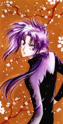 Rule 34 | 1boy, clamp, earrings, flower, from above, highres, jewelry, kouryuu (wish), looking back, male focus, official art, petals, pointy ears, purple eyes, purple hair, slit pupils, solo, tree, wish