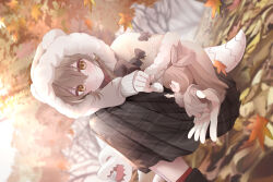 Rule 34 | 0 0, 1girl, animal (nanashi mumei), animal hood, autumn, autumn leaves, bear hood, berry, blurry, brown capelet, brown cloak, brown eyes, brown footwear, brown hair, brown skirt, capelet, chibi, cloak, crossed bangs, depth of field, dual persona, earrings, falling leaves, feather hair ornament, feathers, fingernails, food-themed earrings, forest, fur trim, hair ornament, high tops, hololive, hololive english, hood, hood up, jewelry, leaf, long hair, long skirt, mujinbensin, multicolored hair, mumei (song) (hololive), nanashi mumei, nature, official alternate costume, pinky out, pinky swear, plaid, plaid skirt, pleated skirt, red socks, ribbon, shoes, skirt, sleeves past wrists, smile, sneakers, socks, streaked hair, sweater, very long hair, virtual youtuber, white sweater