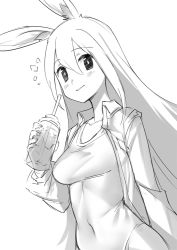 Rule 34 | 1girl, animal ear fluff, animal ears, blush, breasts, closed mouth, collarbone, collared jacket, copyright request, cup, drinking straw, fingernails, greyscale, hair between eyes, holding, holding cup, jacket, leotard, leotard under clothes, long hair, long sleeves, medium breasts, monochrome, open clothes, open jacket, rabbit ears, saiste, simple background, smile, solo, very long hair, white background