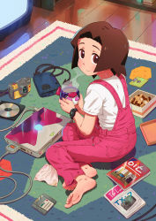 Rule 34 | 1girl, amazake arika, barefoot, brown eyes, brown hair, camera, cd, closed mouth, computer, cup, drink, feet, female focus, floppy disk, from behind, highres, holding, holding drink, idfer, laptop, looking at viewer, looking back, magazine (object), medarot, mug, nape, overalls, pink overalls, rug, sailor-multi, shirt, sitting, soles, solo, steam, toes, watch, white shirt, wooden floor, yokozuwari, zip disk