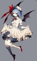 Rule 34 | 1girl, bat wings, bloomers, blue hair, clothes lift, fang, full body, grey background, hat, hat ribbon, highres, kneehighs, mary janes, mob cap, nail polish, puffy sleeves, red eyes, remilia scarlet, ribbon, shirt, shoes, short hair, short sleeves, simple background, skirt, skirt lift, skirt set, smile, socks, solo, tian (my dear), touhou, underwear, wings, wrist cuffs