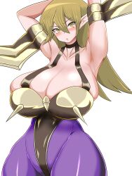 Rule 34 | 1girl, absurdres, adapted costume, armored leotard, arms up, artist request, blonde hair, blue eyes, blush, breasts, cleavage, cosplay, curvy, harpie lady, harpie lady (cosplay), highleg, highleg leotard, highres, huge breasts, leotard, long hair, looking at viewer, pointy ears, revealing clothes, shiny skin, solo, tenjouin asuka, thong leotard, white background, wide hips, yu-gi-oh!, yu-gi-oh! gx