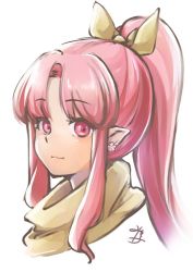 Rule 34 | 1girl, closed mouth, earrings, hair ribbon, jewelry, long hair, looking at viewer, millie chliette, misono mitama, pink eyes, pink hair, pointy ears, ponytail, ribbon, scarf, signature, simple background, smile, solo, star ocean, star ocean first departure, white background