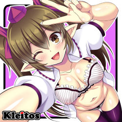 Rule 34 | 1girl, ;d, arm up, artist name, border, bra, breasts, cleavage, collarbone, covered erect nipples, fingernails, from above, hair ribbon, hat, himekaidou hatate, kleitos, kondou ryunosuke, lips, long fingernails, long hair, looking at viewer, midriff, navel, nipples, one eye closed, open clothes, open mouth, open shirt, panties, pink border, pointy ears, purple background, purple hat, purple ribbon, purple thighhighs, reaching, reaching towards viewer, ribbon, see-through, selfie, shirt, short sleeves, simple background, smile, solo, standing, stomach, striped bra, striped clothes, striped panties, tareme, thigh gap, thighhighs, tokin hat, touhou, twintails, underwear, v, v over eye, white bra, white panties, white shirt