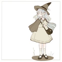 Rule 34 | 1girl, bag, blush, cloak, closed mouth, commentary, dress, english commentary, fairyapple, full body, glasses, grey eyes, hat, long hair, long sleeves, original, shoes, simple background, sketch, socks, solo, white background, white hair, witch hat