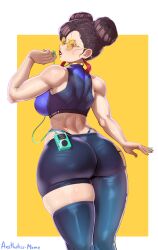 Rule 34 | 1girl, absurdres, aestheticc-meme, alternate costume, ass, ass focus, asymmetrical legwear, back, backboob, bad link, bikini, breasts, brown hair, capcom, casual, chun-li, double bun, from behind, hair bun, highres, huge ass, large breasts, looking at viewer, looking back, midriff, mismatched legwear, muscular, muscular female, pants, shirt, shorts, single thighhigh, smile, solo, street fighter, sunglasses, sweat, swimsuit, thick thighs, thighhighs, thighs, thong, tight clothes, tight pants, toned, uneven legwear, wide hips