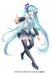 Rule 34 | 1girl, :d, absurdres, black footwear, black skirt, blue eyes, blue hair, blue nails, blue necktie, boots, detached sleeves, floating hair, full body, grey shirt, guozi li, hair between eyes, hatsune miku, headset, highres, leg up, long hair, looking at viewer, microphone, miniskirt, nail polish, necktie, open mouth, print shirt, print sleeves, shiny clothes, shirt, skirt, sleeveless, sleeveless shirt, smile, solo, standing, standing on one leg, thigh boots, thighhighs, twintails, very long hair, vocaloid, zettai ryouiki
