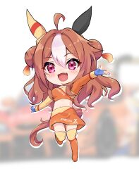 Rule 34 | 1girl, absurdres, ahoge, alternate costume, animal ears, arm up, blue gloves, blurry, blurry background, blush, boots, breasts, brown hair, car, chibi, commentary request, copano rickey (umamusume), double bun, ear covers, ear ornament, fang, full body, gloves, hair between eyes, hair bun, highres, horse ears, horse girl, horse tail, jacket, long hair, medium breasts, motor vehicle, notice lines, orange footwear, orange jacket, orange skirt, peteron, pink eyes, race queen, skirt, smile, solo, tail, thigh boots, umamusume