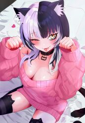 Rule 34 | 1girl, absurdres, animal ear fluff, animal ears, bed, belt, black hair, black nails, breasts, cat ears, cat girl, cat tail, cat thighhighs, cleavage, closed mouth, collar, from above, heart, highres, hololive, hololive english, jacket, looking at viewer, makeup, mascara, medium breasts, medium hair, multicolored hair, one eye closed, paw pose, shiori novella, smile, solo, sweater, tail, thighhighs, tongue, tongue out, virtual youtuber, white hair, wink, yellow eyes