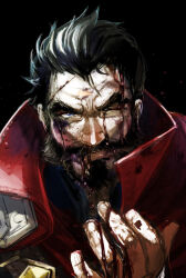 Rule 34 | 1boy, beard, blood, blood on face, cape, facial hair, graves (league of legends), hair slicked back, hand up, injury, karipaku, league of legends, looking at viewer, male focus, mature male, mustache, red cape, short hair, solo, thick eyebrows, upper body, wrinkled skin