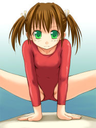 Rule 34 | 1girl, athletic leotard, bosshi, brown hair, covered erect nipples, female focus, flat chest, gradient background, green eyes, gymnast leotard, gymnastics, handstand, leotard, long sleeves, looking at viewer, red leotard, solo, split, spread legs, twintails