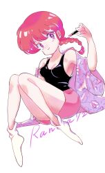 Rule 34 | 1girl, bare shoulders, black shirt, braid, breasts, cleavage, cosmetics, en 0410, full body, hair between eyes, highres, holding, holding lipstick tube, jacket, jacket partially removed, knees together feet apart, lipstick tube, looking at viewer, medium breasts, no shoes, ranma-chan, ranma 1/2, red eyes, red hair, red shorts, shirt, short hair with long locks, shorts, sideboob, single braid, sitting, sleeveless, sleeveless shirt, smile, socks, solo, twitter username, white background, white socks