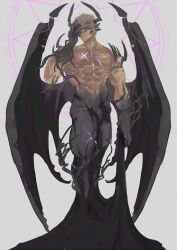 Rule 34 | 1boy, abs, alternate form, armlet, black hair, black skin, broken mask, collarbone, colored skin, crimzon ruze, cross scar, demon boy, demon horns, demon wings, earrings, eye mask, glowing scar, grey hair, highres, holostars, holostars english, horns, jewelry, large pectorals, looking at viewer, mask, multicolored hair, multiple horns, muscular, muscular male, navel, orenjimaru, parted lips, pectorals, pointy ears, scar, scar on arm, scar on chest, scar on leg, shoulder spikes, solo, spikes, stomach, tendril, veins, wings