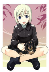 Rule 34 | 1girl, blonde hair, blue eyes, blush, boots, dachshund, dog, erica hartmann, indian style, kyogoku shin, military, military uniform, open mouth, short hair, sitting, smile, solo, strike witches, uniform, world witches series