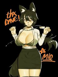 animal_ear_fluff animal_ears black_bra black_choker black_hair blush bra breasts bright_pupils bursting_breasts business_suit choker cleavage covered_navel dress_shirt english_text flying_button formal_clothes highres lanyard large_breasts mano_(manobece) office office_lady original pencil_skirt popped_button red_eyes shirt skirt skirt_suit suit undersized_clothes underwear wardrobe_malfunction white_pupils white_shirt