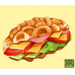 Rule 34 | artist logo, artist name, cheese, food, food focus, ham, lettuce, no humans, original, sandwich, tomato, tomato slice, yuki00yo