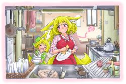 Rule 34 | &gt; &lt;, 2girls, :d, animal ears, apron, blonde hair, blush, bottle, bowl, chair, child, chopsticks, cup, dishes, dishwashing, doitsuken, dress, drinking glass, facing viewer, fang, faucet, fox daughter (doitsuken), fox ears, fox tail, fox wife (doitsuken), frying pan, green dress, heart, highres, house, indoors, kitchen, knife, ladle, looking at another, mother and daughter, multiple girls, open mouth, original, pink eyes, plant, potted plant, scissors, short hair, sink, sleeves rolled up, smile, sponge, standing, table, tail, teapot