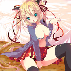 Rule 34 | 1girl, animal ears, bed, black thighhighs, blonde hair, blue eyes, blush, bow, bra, breasts, cat ears, cleavage, hair bow, hair ornament, hair ribbon, large breasts, long hair, looking at viewer, open mouth, original, paw pose, pleated skirt, ribbon, shiwasu horio, sitting, skindentation, skirt, solo, striped, thighhighs, underwear, undressing, very long hair, wooden floor, zettai ryouiki