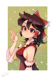 Rule 34 | 1girl, ascot, border, bow, brown eyes, brown hair, carte, detached sleeves, hair bow, hair tubes, hakurei reimu, highres, looking at viewer, red bow, salute, simple background, solo, sparkle, sparkle background, touhou, v, white background, white border