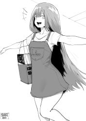 Rule 34 | +++, 1girl, artist name, bag, clothes writing, commentary, cowboy shot, dress, english commentary, flat chest, geforce rtx 3090, graphics card, greyscale, happy, highres, long hair, melissa renata, monochrome, norman maggot, nvidia, open mouth, original, outstretched arms, running, shopping bag, short sleeves, simple background, smile, solo, teeth, upper teeth only, very long hair, white background
