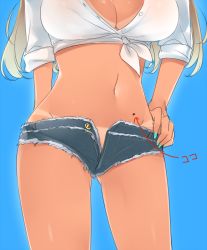 Rule 34 | 1girl, aqua nails, arm behind back, bad id, bad twitter id, blonde hair, blue background, breasts, cleavage, close-up, cowboy shot, cutoffs, denim, denim shorts, female focus, hand on own hip, head out of frame, large breasts, long hair, midriff, mole, nail polish, navel, nekoume, no panties, open fly, original, shirt, short shorts, shorts, simple background, sleeves rolled up, solo, tan, tanline, tied shirt, unbuttoned, unzipped