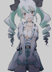Rule 34 | 1girl, anchovy (girls und panzer), belt, black belt, black ribbon, blue shirt, blush, breasts, cleavage, collared shirt, commentary, cowboy shot, drill hair, embarrassed, emblem, frown, girls und panzer, green hair, green skirt, grey background, hair ribbon, highres, kainushi, long hair, looking at viewer, medium breasts, miniskirt, one-hour drawing challenge, open mouth, pleated skirt, red eyes, ribbon, shirt, short sleeves, simple background, skirt, skirt hold, solo, standing, suspender skirt, suspenders, twin drills, twintails, unbuttoned, unbuttoned shirt