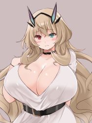 Rule 34 | 1girl, alternate costume, aqua eyes, belt, belt buckle, blush, blush stickers, breasts, buckle, cleavage, commentary request, curvy, dress, barghest (fate), fate/grand order, fate (series), hair between eyes, hand on own chest, heterochromia, highres, horns, huge breasts, kurokaze no sora, light brown hair, long hair, looking at viewer, red eyes, solo, upper body, white dress