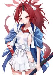 Rule 34 | 1girl, absurdres, black horns, blue archive, blush, breasts, closed mouth, cowboy shot, dragon tail, eyeshadow, gun, halo, highres, hip vent, holding, holding gun, holding weapon, horns, kuromiz, long hair, makeup, pleated skirt, ponytail, red eyes, red eyeshadow, red hair, red halo, red tail, renge (blue archive), simple background, single horn, skirt, small breasts, solo, tail, weapon, white background, white skirt