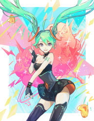 Rule 34 | 1girl, absurdres, ahoge, bare shoulders, black thighhighs, blue eyes, breasts, eyelashes, fingerless gloves, gloves, green hair, hatsune miku, heart, highres, lips, long hair, looking at viewer, microphone, nail polish, nanau777, original, skirt, smile, solo, solo focus, sparkling eyes, thighhighs, twintails, vocaloid