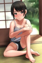 Rule 34 | 1girl, absurdres, bare arms, bare shoulders, barefoot, black hair, black shorts, blurry, blurry background, blush, breasts, brown eyes, camisole, closed mouth, collarbone, day, depth of field, feet, grey camisole, highres, hugging own legs, indoors, knee up, legs, looking at viewer, matsunaga kouyou, nose blush, original, panties, polka dot, polka dot panties, short shorts, shorts, sliding doors, small breasts, solo, tatami, toenails, toes, underwear, white panties